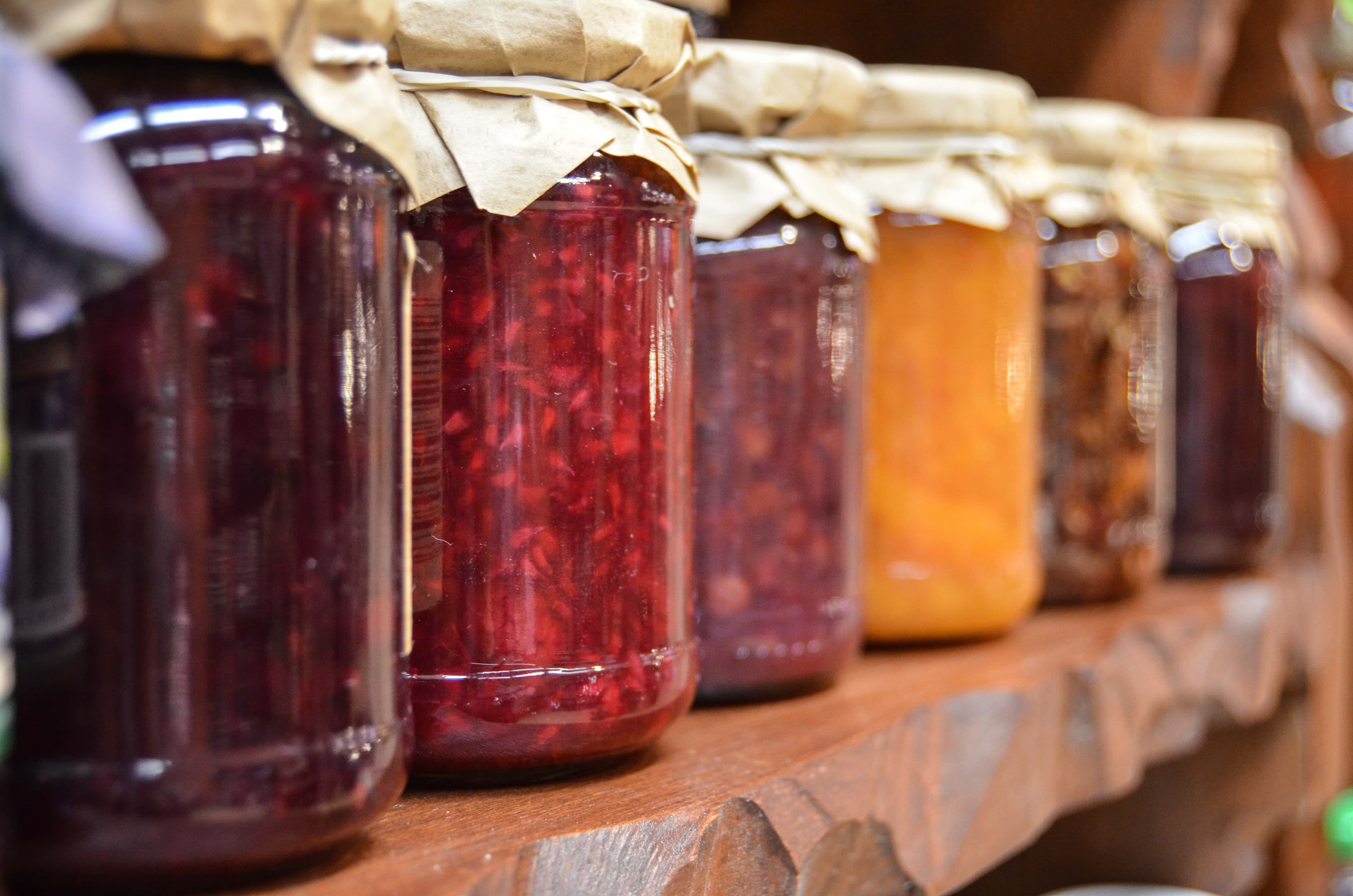 jars of jam on a shelf